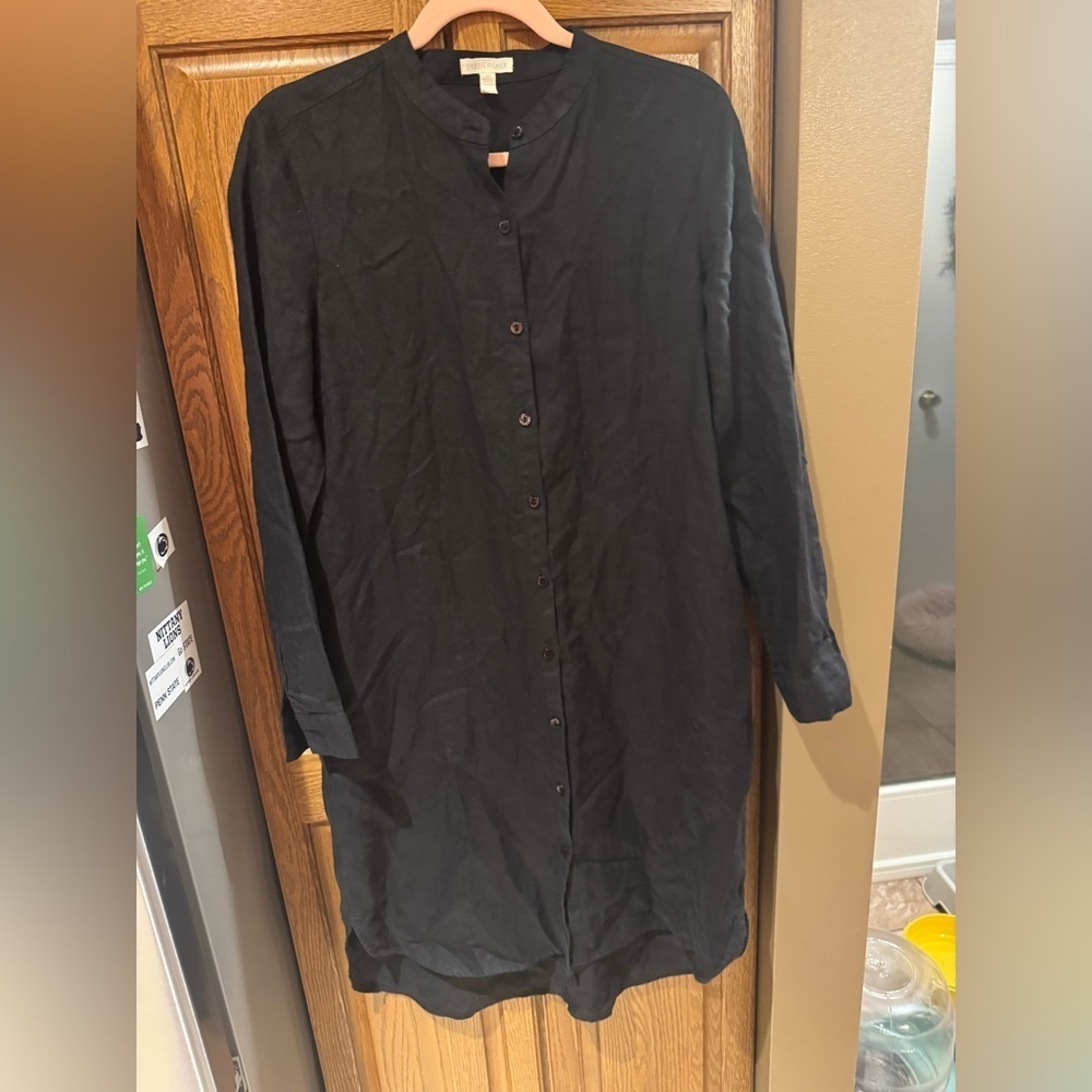 Eileen Fisher 100% Organic Linen black button up dress, size XS